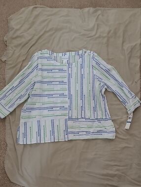 Alfred Dunner White Tunic with Blue and Green Stripe Accents